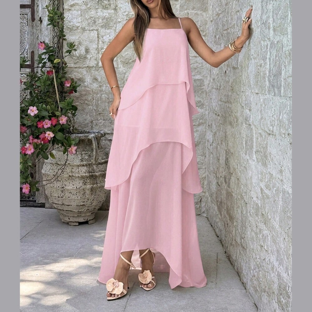 Blush Pink Sheer Chiffon Tiered Ruffle Spaghetti Strap Maxi Dress
